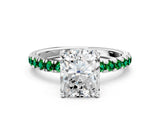 White gold Radiant Cut Diamond Pave Band Solitaire Ring with Round with Emerald side stone and Prong Setting_24
