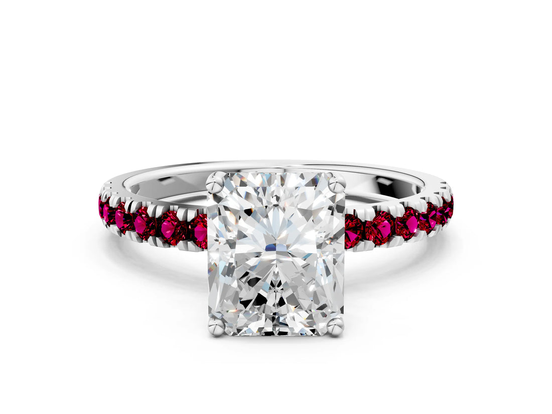 White gold Radiant Cut Diamond Pave Band Solitaire Ring with Round with Garnet side stone and Prong Setting_24