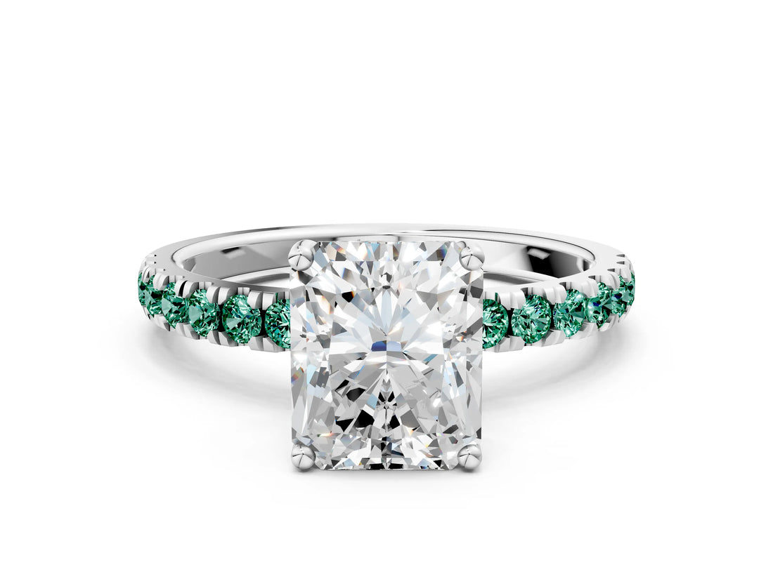 White gold Radiant Cut Diamond Pave Band Solitaire Ring with Round with Green Sapphire side stone and Prong Setting_66