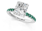 White gold Radiant Cut Diamond Pave Band Solitaire Ring with Round with Green Sapphire side stone and Prong Setting_67