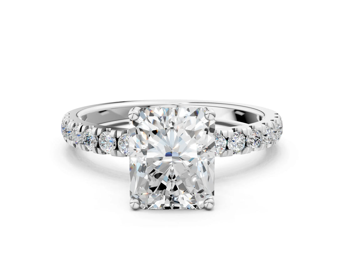 White gold Radiant Cut Diamond Pave Band Solitaire Ring with Round with Moissanite side stone and Prong Setting_12