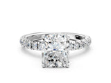 White gold Radiant Cut Diamond Pave Band Solitaire Ring with Round with Moissanite side stone and Prong Setting_12