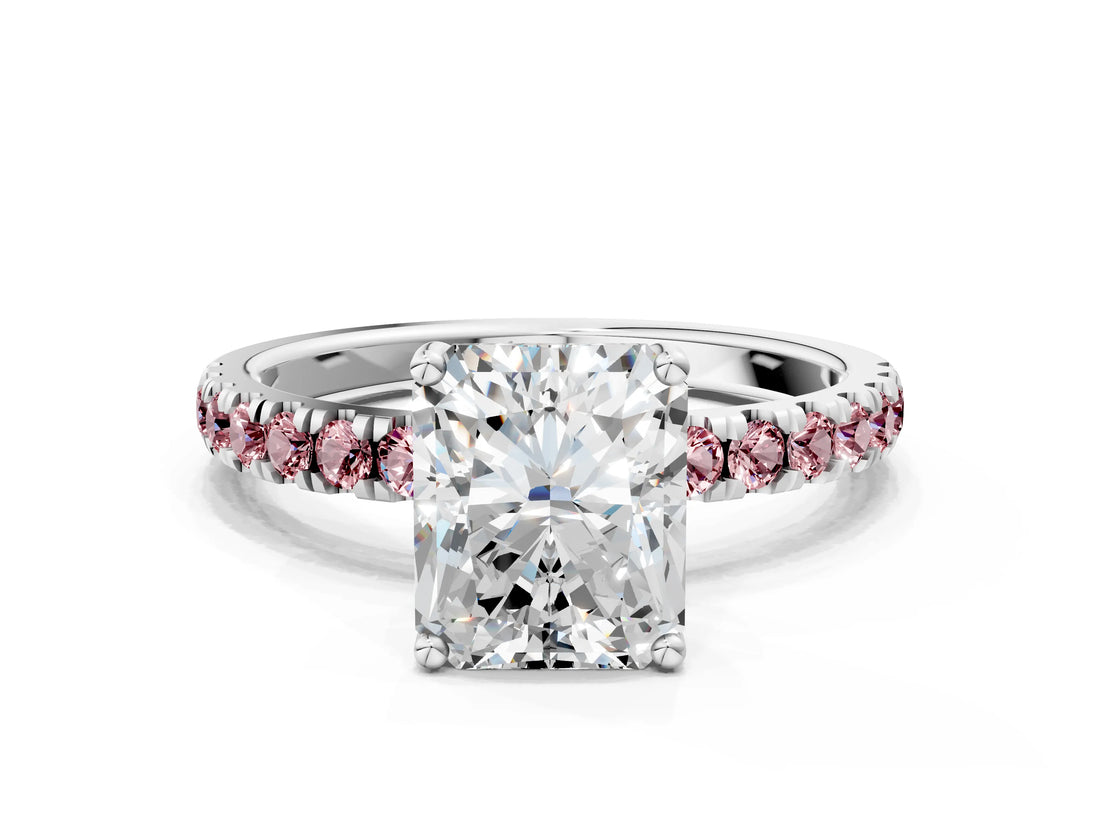 White gold Radiant Cut Diamond Pave Band Solitaire Ring with Round with Morganite side stone and Prong Setting_24