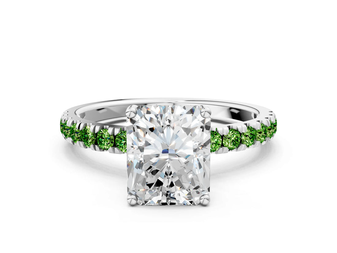 White gold Radiant Cut Diamond Pave Band Solitaire Ring with Round with Peridot side stone and Prong Setting