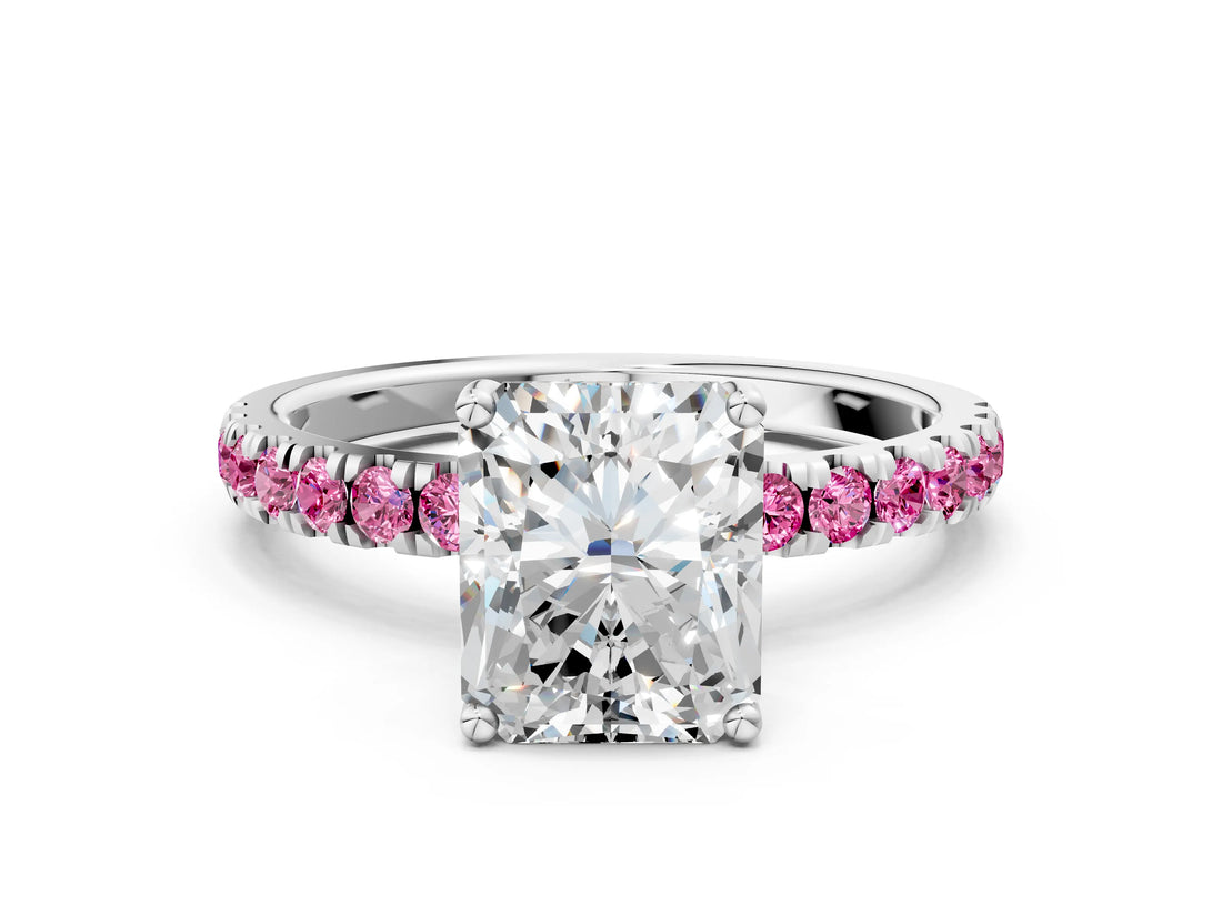 White gold Radiant Cut Diamond Pave Band Solitaire Ring with Round with Pink Sapphire side stone and Prong Setting_101