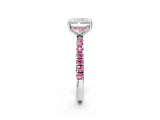 White gold Radiant Cut Diamond Pave Band Solitaire Ring with Round with Pink Sapphire side stone and Prong Setting_99