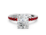 White gold Radiant Cut Diamond Pave Band Solitaire Ring with Round with Ruby side stone and Prong Setting_12