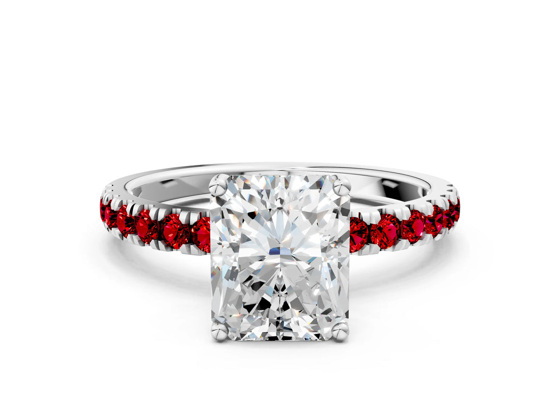White gold Radiant Cut Diamond Pave Band Solitaire Ring with Round with Ruby side stone and Prong Setting_36