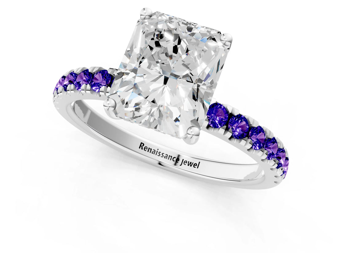 White gold Radiant Cut Diamond Pave Band Solitaire Ring with Round with Tanzanite side stone and Prong Setting_72