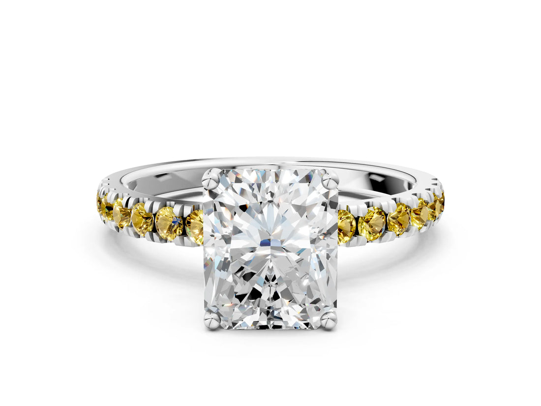 White gold Radiant Cut Diamond Pave Band Solitaire Ring with Round with Yellow Sapphire side stone and Prong Setting_24