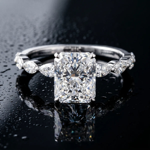 White gold Radiant Cut Diamond Ring with Marquise Side Stones and Prong Setting