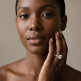 White gold Radiant Cut Diamond Ring with Marquise and Round  Side Stones and Four-Prong Setting