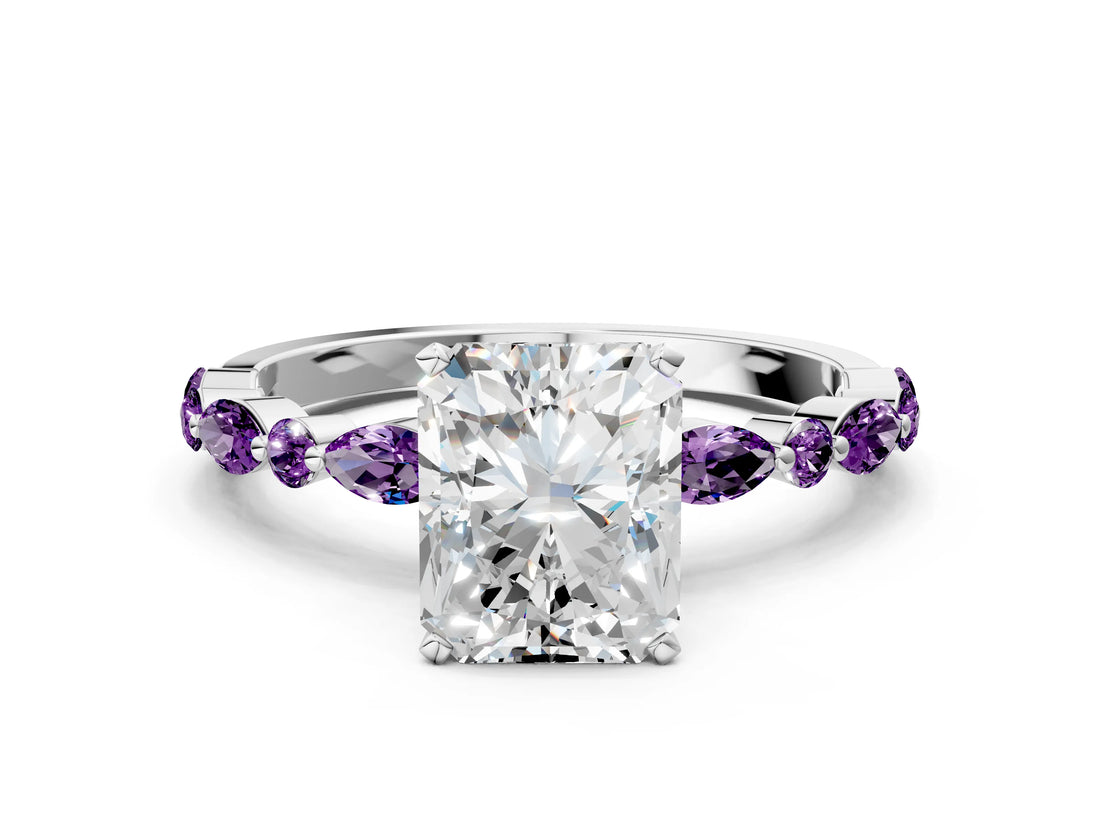 White gold Radiant Cut Diamond Ring with Marquise and Round with Amethyst side stone Side Stones and Four-Prong Setting_12