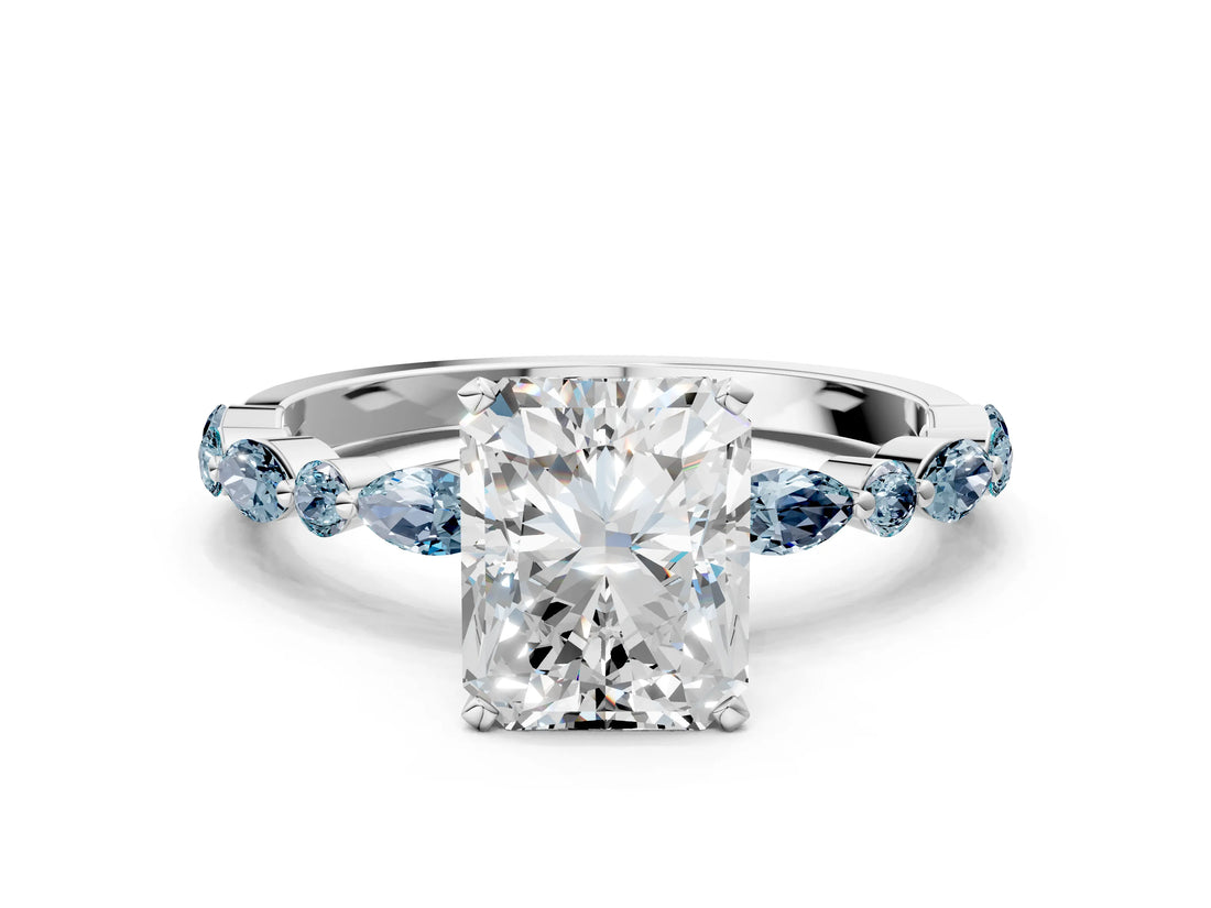 White gold Radiant Cut Diamond Ring with Marquise and Round with Aquamarine side stone Side Stones and Four-Prong Setting_12