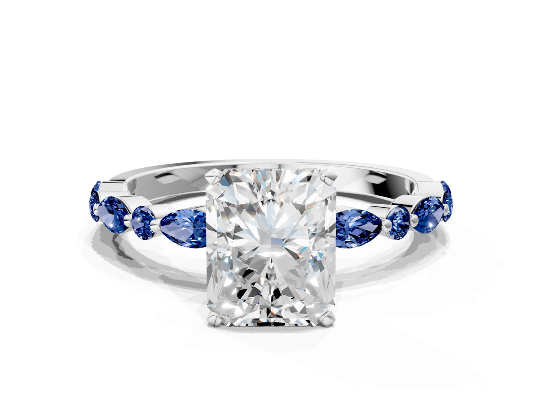 White gold Radiant Cut Diamond Ring with Marquise and Round with Blue Sapphire side stone Side Stones and Four-Prong Setting_48