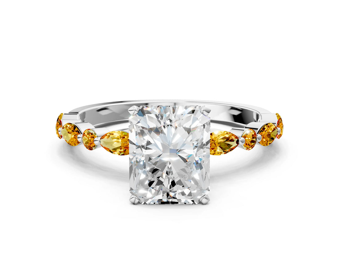 White gold Radiant Cut Diamond Ring with Marquise and Round with Citrine side stone Side Stones and Four-Prong Setting_12