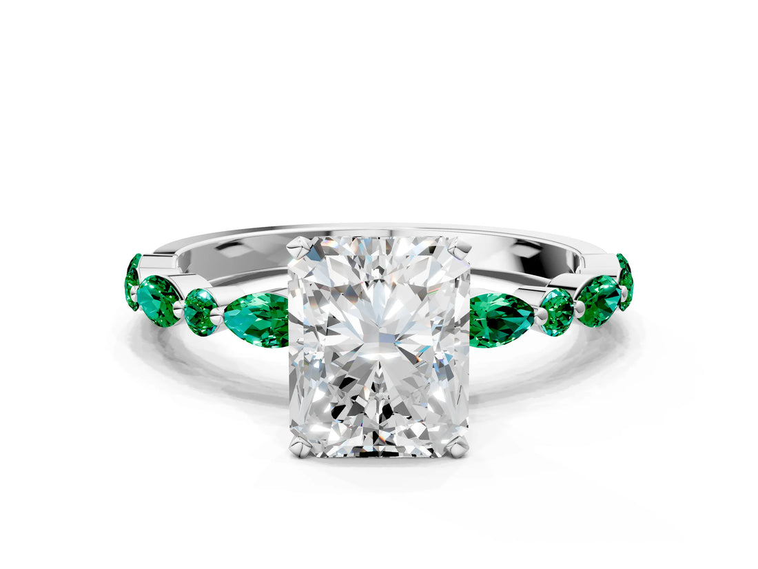 White gold Radiant Cut Diamond Ring with Marquise and Round with Emerald side stone Side Stones and Four-Prong Setting_60
