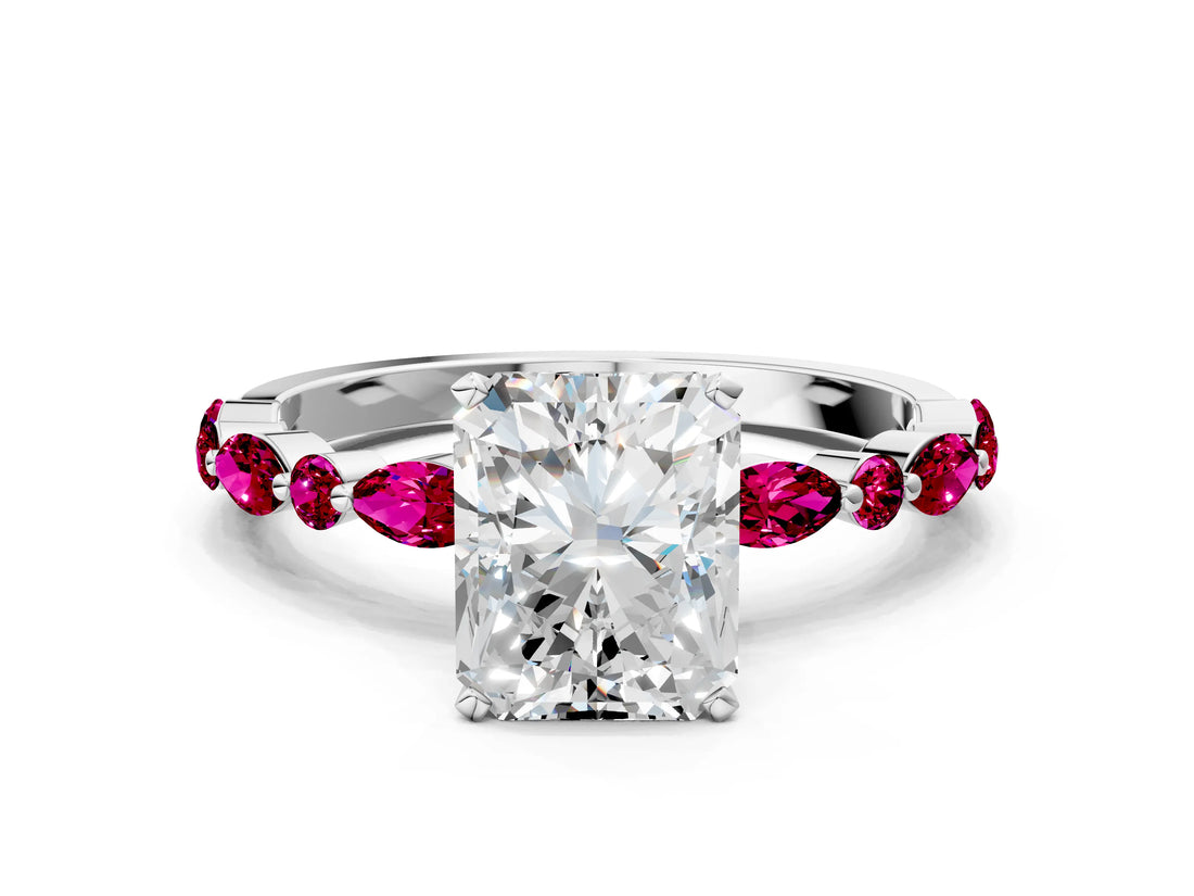 White gold Radiant Cut Diamond Ring with Marquise and Round with Garnet side stone Side Stones and Four-Prong Setting_36