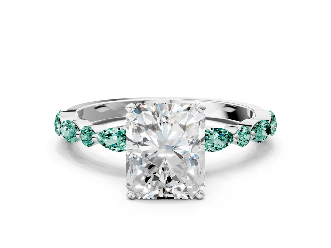 White gold Radiant Cut Diamond Ring with Marquise and Round with Green Sapphire side stone Side Stones and Four-Prong Setting