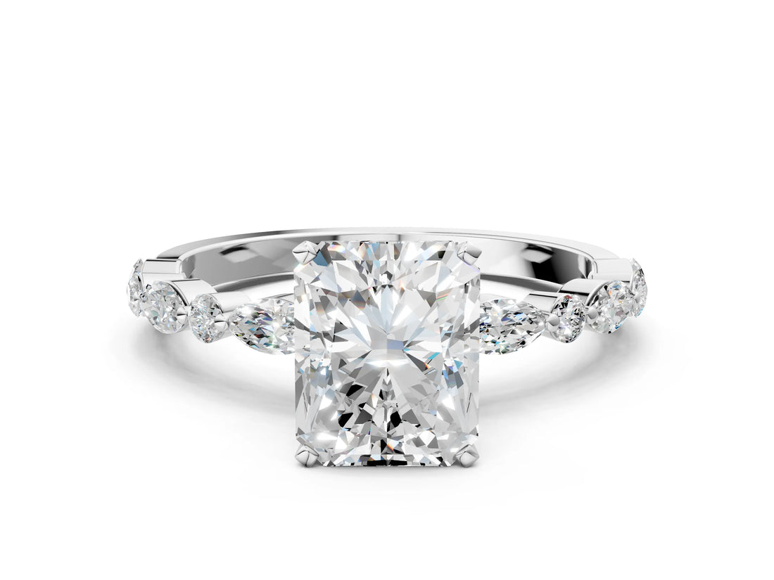White gold Radiant Cut Diamond Ring with Marquise and Round with Moissanite side stone Side Stones and Four-Prong Setting_60
