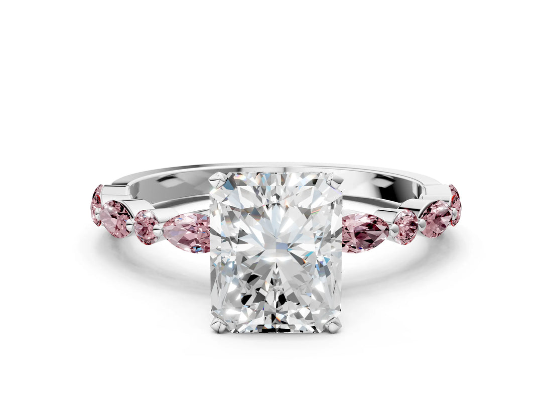 White gold Radiant Cut Diamond Ring with Marquise and Round with Morganite side stone Side Stones and Four-Prong Setting_24