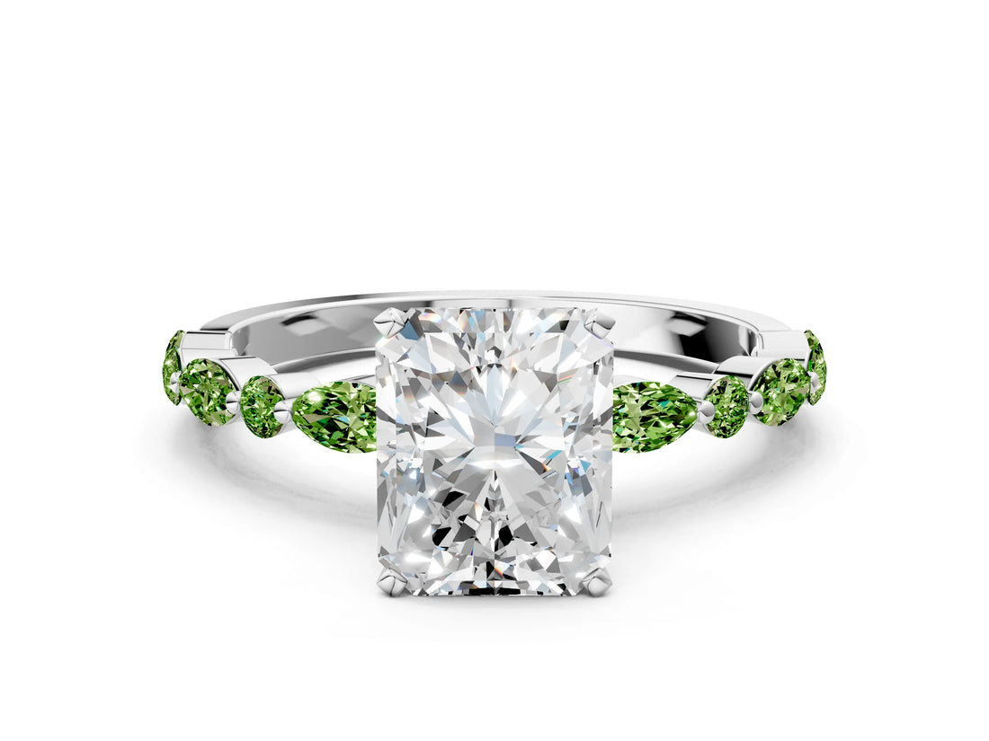 White gold Radiant Cut Diamond Ring with Marquise and Round with Peridot side stone Side Stones and Four-Prong Setting_12