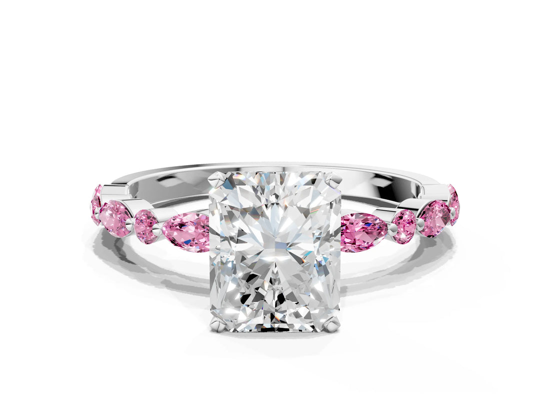 White gold Radiant Cut Diamond Ring with Marquise and Round with Pink Sapphire side stone Side Stones and Four-Prong Setting_12