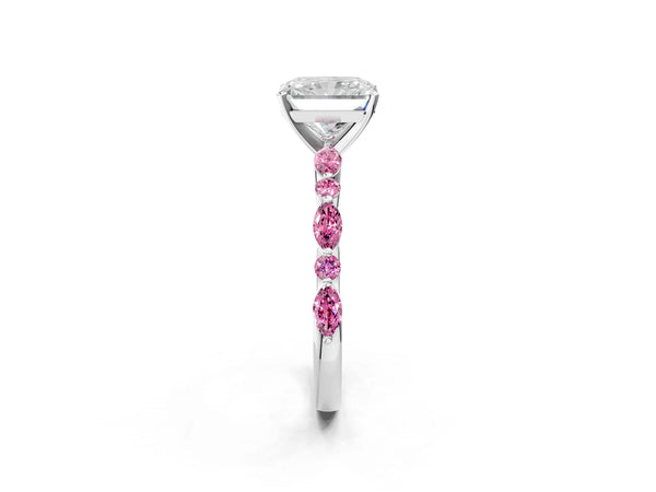 Sterling Silver Radiant Cut Marquise Side Stone Engagement Ring Setting with Lab-Grown Pink Sapphire Side Stones