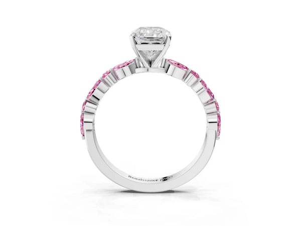 Sterling Silver Radiant Cut Marquise Side Stone Engagement Ring Setting with Lab-Grown Pink Sapphire Side Stones