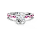 White gold Radiant Cut Diamond Ring with Marquise and Round with Pink Sapphire side stone Side Stones and Four-Prong Setting