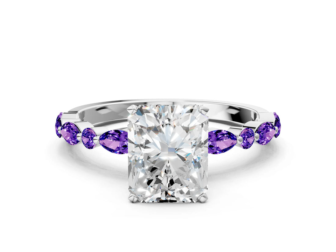 White gold Radiant Cut Diamond Ring with Marquise and Round with Tanzanite side stone Side Stones and Four-Prong Setting_42