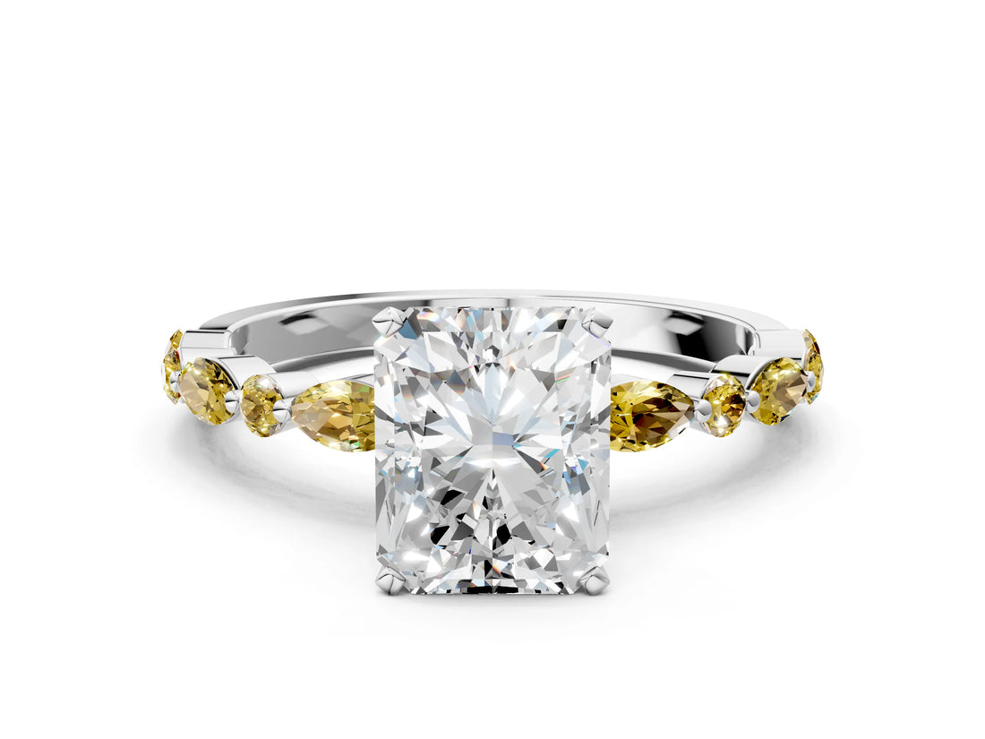 White gold Radiant Cut Diamond Ring with Marquise and Round with Yellow Sapphire side stone Side Stones and Four-Prong Setting_24