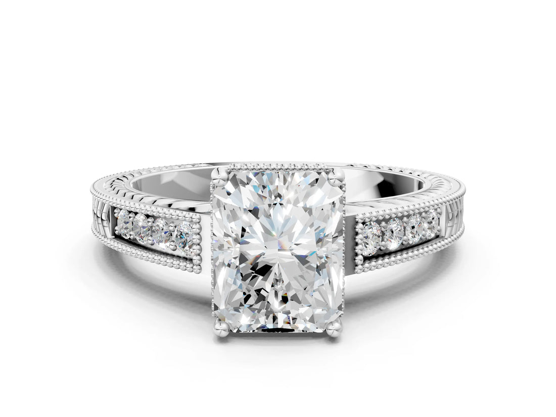 White gold Radiant Cut Diamond Ring with Milgrain Pavé Band and Four-Prong Setting_38
