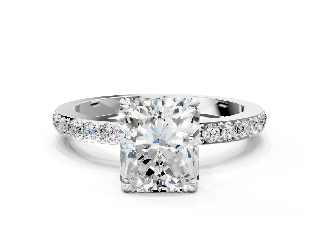 White gold Radiant Cut Diamond Ring with Pavé Band and Four-Prong Setting_130