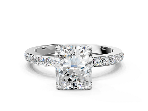 White Gold Radiant Cut Hidden Halo Pave Engagement Ring Setting with Slim Accent Band