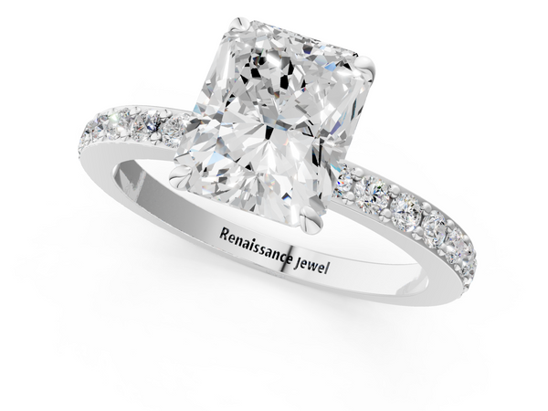 White Gold Radiant Cut Hidden Halo Pave Engagement Ring Setting with Slim Accent Band