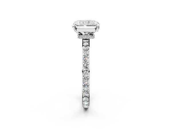 White Gold Radiant Cut Hidden Halo Pave Engagement Ring Setting with Slim Accent Band
