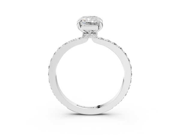 White Gold Radiant Cut Hidden Halo Pave Engagement Ring Setting with Slim Accent Band