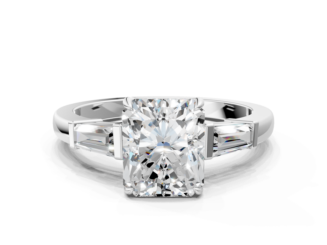 White gold Radiant Cut Diamond Ring with Tapered Baguette Side Stones in Four-Prong Setting_32