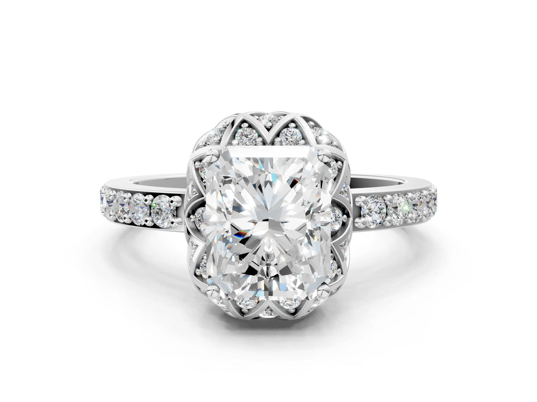 White gold Radiant Cut Diamond Scalloped Halo Engagement Ring with Round Shared Prong Band_12