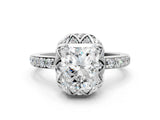 White gold Radiant Cut Diamond Scalloped Halo Engagement Ring with Round Shared Prong Band_12