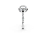 White gold Radiant Cut Diamond Scalloped Halo Engagement Ring with Round Shared Prong Band_14