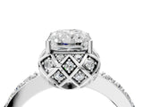 White gold Radiant Cut Diamond Scalloped Halo Engagement Ring with Round Shared Prong Band_16