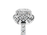 White gold Radiant Cut Diamond Scalloped Halo Engagement Ring with Round Shared Prong Band_17