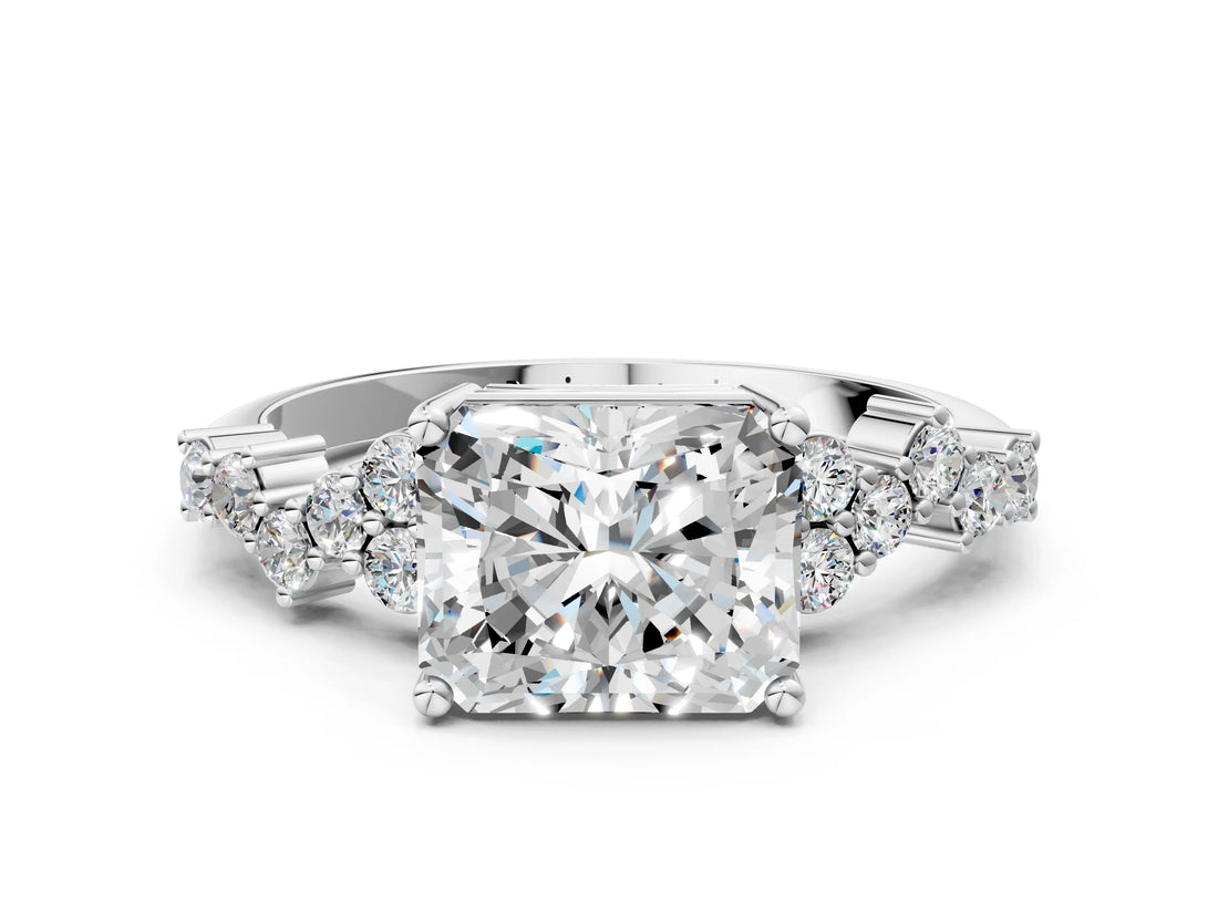 White gold Radiant Cut Diamond Scattered Round Accent Ring with Prong Setting_18