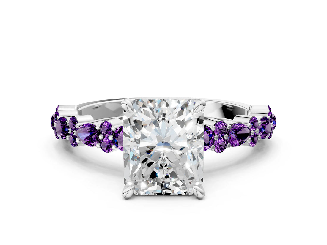 White gold Radiant Cut Diamond Side Stone Solitaire Ring with Round with Amethyst side stone and Four-Prong Setting