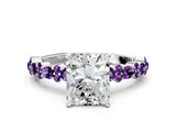 White gold Radiant Cut Diamond Side Stone Solitaire Ring with Round with Amethyst side stone and Four-Prong Setting