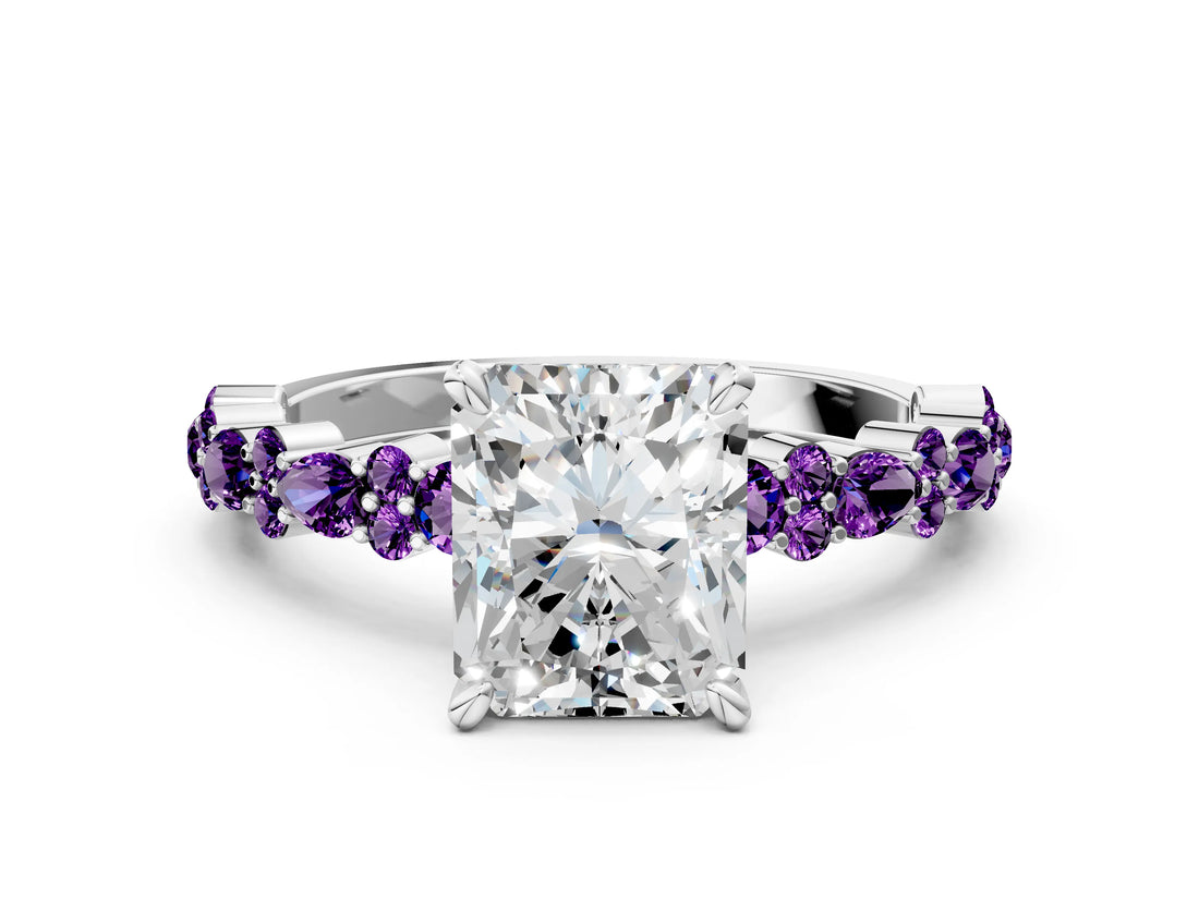 White gold Radiant Cut Diamond Side Stone Solitaire Ring with Round with Amethyst side stone and Four-Prong Setting