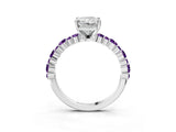 White gold Radiant Cut Diamond Side Stone Solitaire Ring with Round with Amethyst side stone and Four-Prong Setting_15