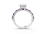 White gold Radiant Cut Diamond Side Stone Solitaire Ring with Round with Amethyst side stone and Four-Prong Setting_3